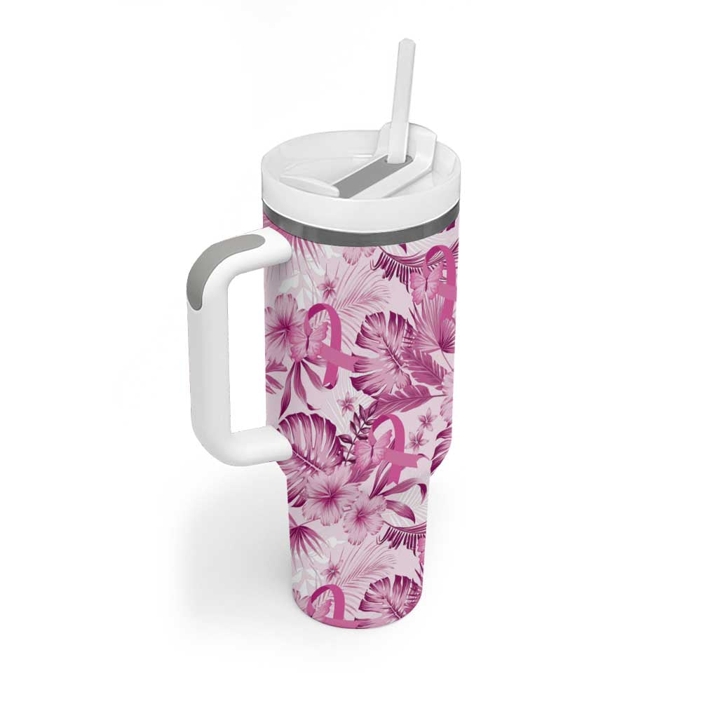 Pink Ribbon Hibiscus Tropical Pattern Tumbler With Handle Breast Cancer