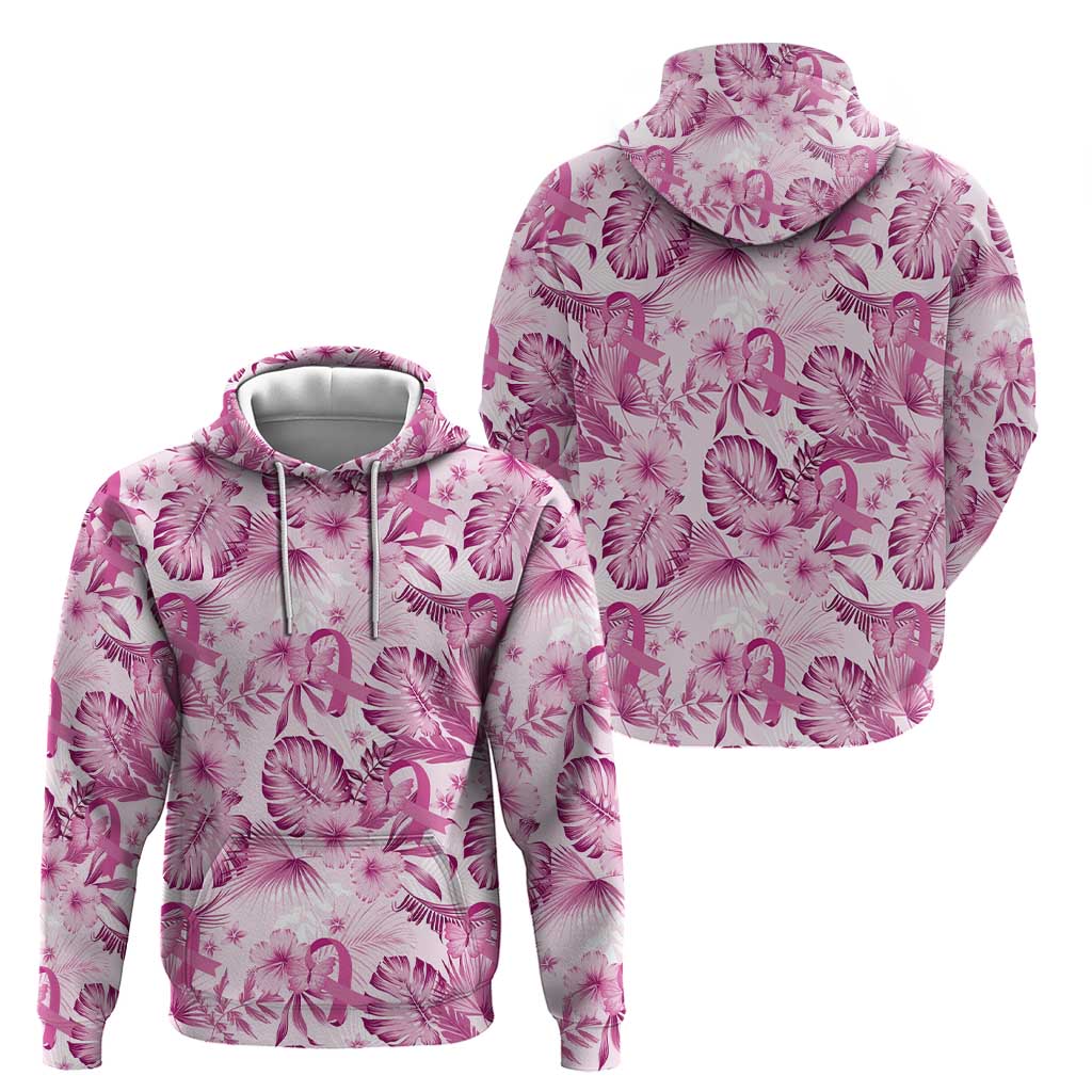 Pink Ribbon Hibiscus Tropical Pattern Zip Hoodie Breast Cancer