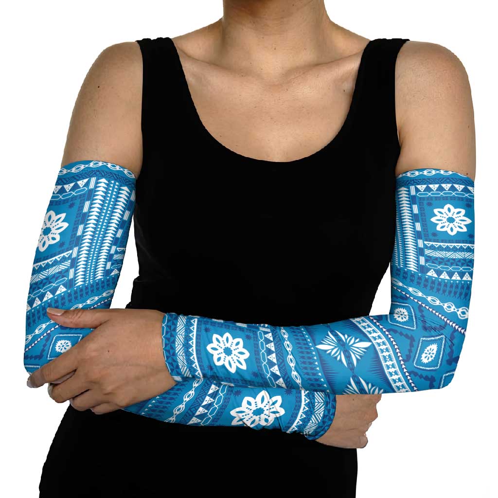 Fiji Masi All Blue Arm Sleeves Tapa Pattern - Polynesian Pride