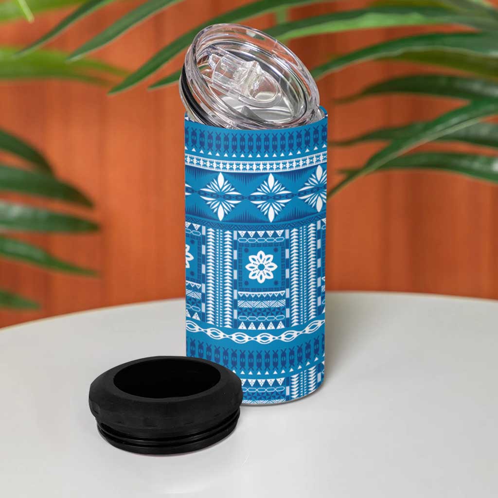 Fiji Masi All Blue 4 in 1 Can Cooler Tumbler Tapa Pattern - Polynesian Pride