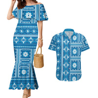 Fiji Masi All Blue Couples Matching Mermaid Dress and Hawaiian Shirt Tapa Pattern - Polynesian Pride