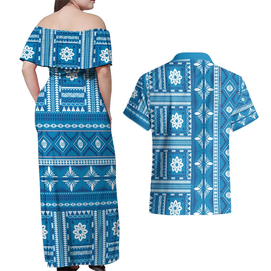 Fiji Masi All Blue Couples Matching Off Shoulder Maxi Dress and Hawaiian Shirt Tapa Pattern - Polynesian Pride