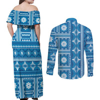 Fiji Masi All Blue Couples Matching Off Shoulder Maxi Dress and Long Sleeve Button Shirt Tapa Pattern - Polynesian Pride