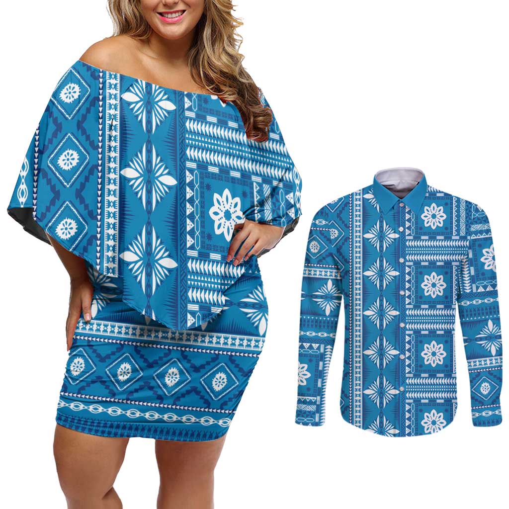Fiji Masi All Blue Couples Matching Off Shoulder Short Dress and Long Sleeve Button Shirt Tapa Pattern - Polynesian Pride