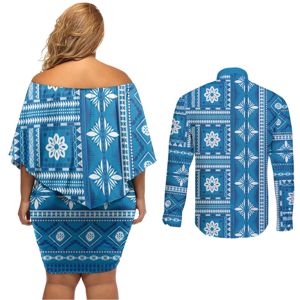 Fiji Masi All Blue Couples Matching Off Shoulder Short Dress and Long Sleeve Button Shirt Tapa Pattern - Polynesian Pride