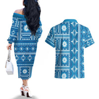 Fiji Masi All Blue Couples Matching Off The Shoulder Long Sleeve Dress and Hawaiian Shirt Tapa Pattern - Polynesian Pride