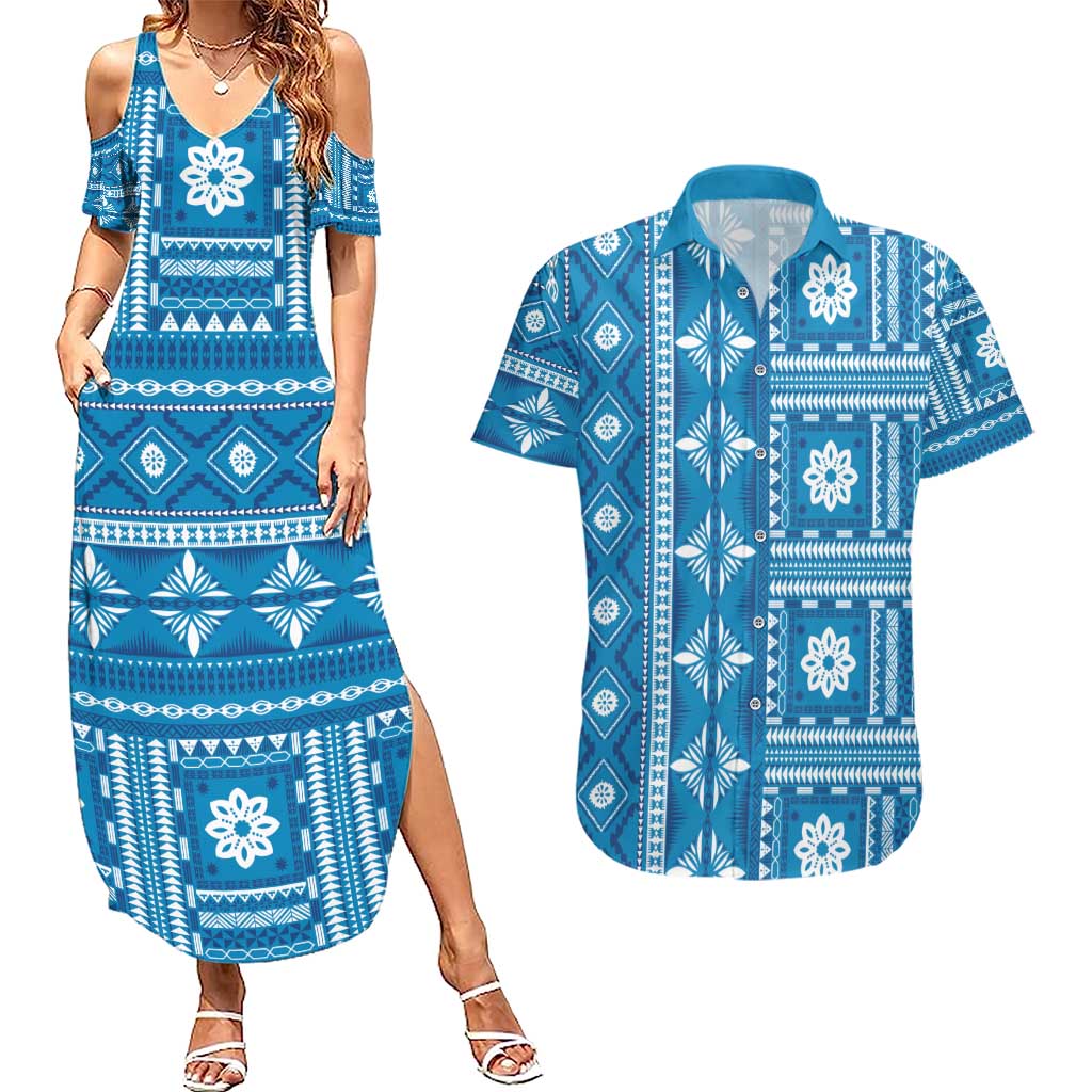 Fiji Masi All Blue Couples Matching Summer Maxi Dress and Hawaiian Shirt Tapa Pattern - Polynesian Pride