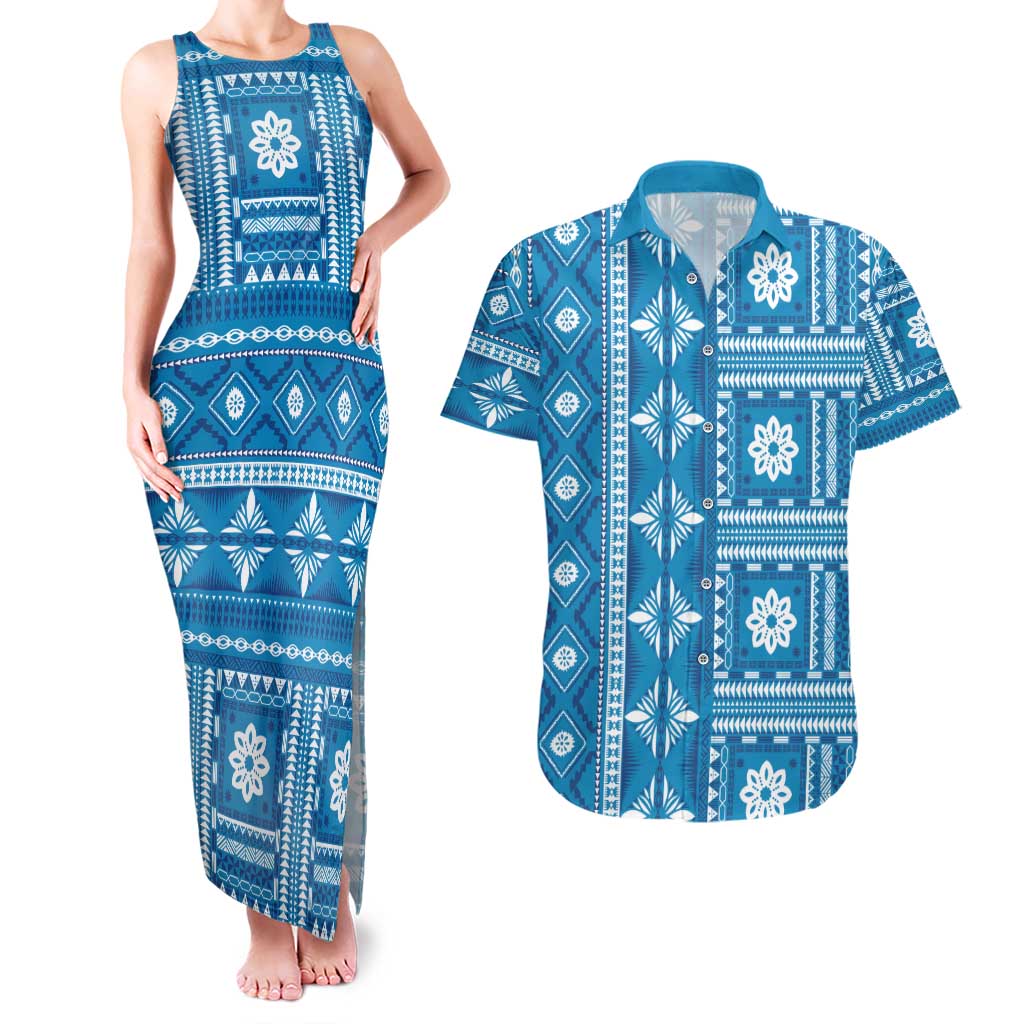 Fiji Masi All Blue Couples Matching Tank Maxi Dress and Hawaiian Shirt Tapa Pattern - Polynesian Pride