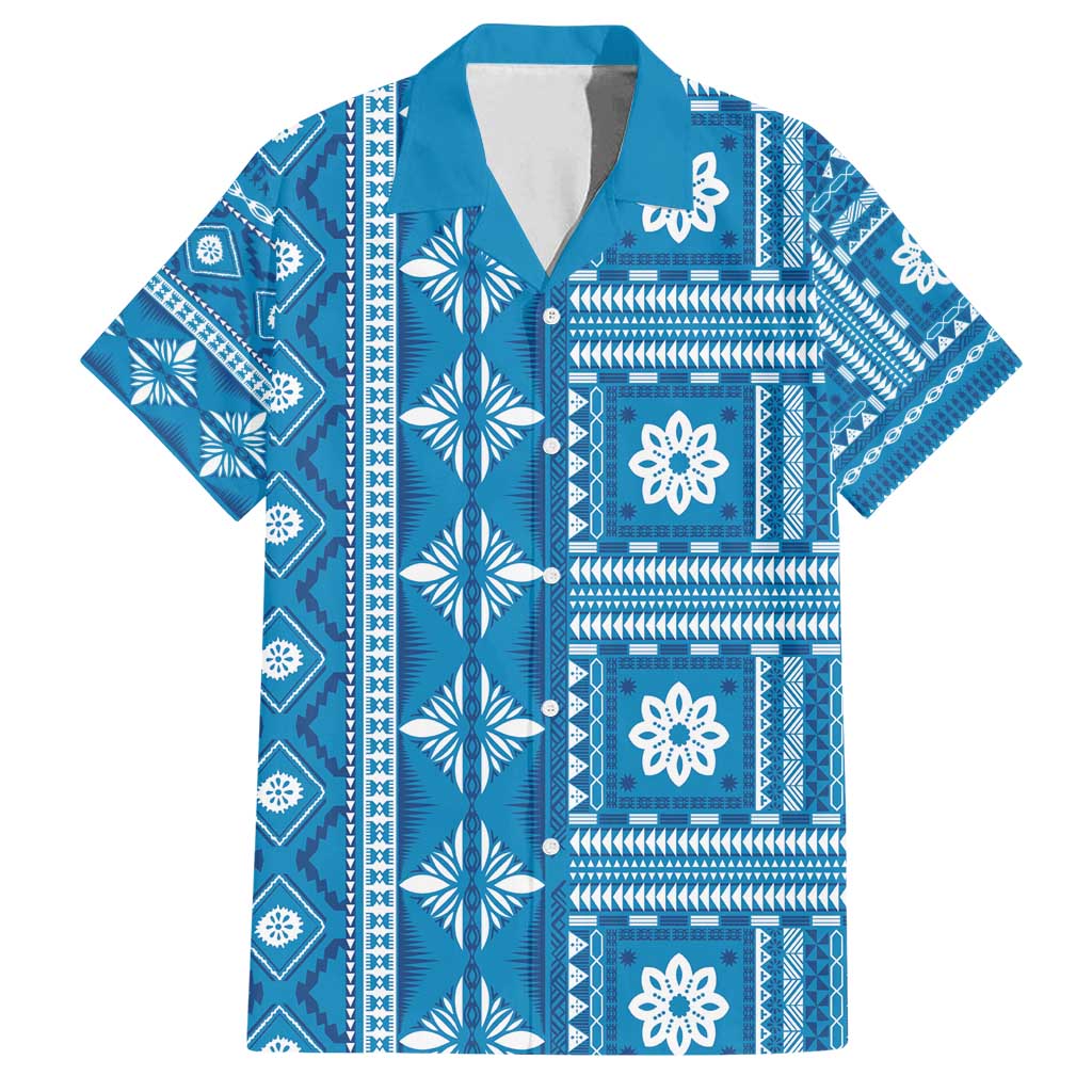 Fiji Masi All Blue Family Matching Long Sleeve Bodycon Dress and Hawaiian Shirt Tapa Pattern - Polynesian Pride