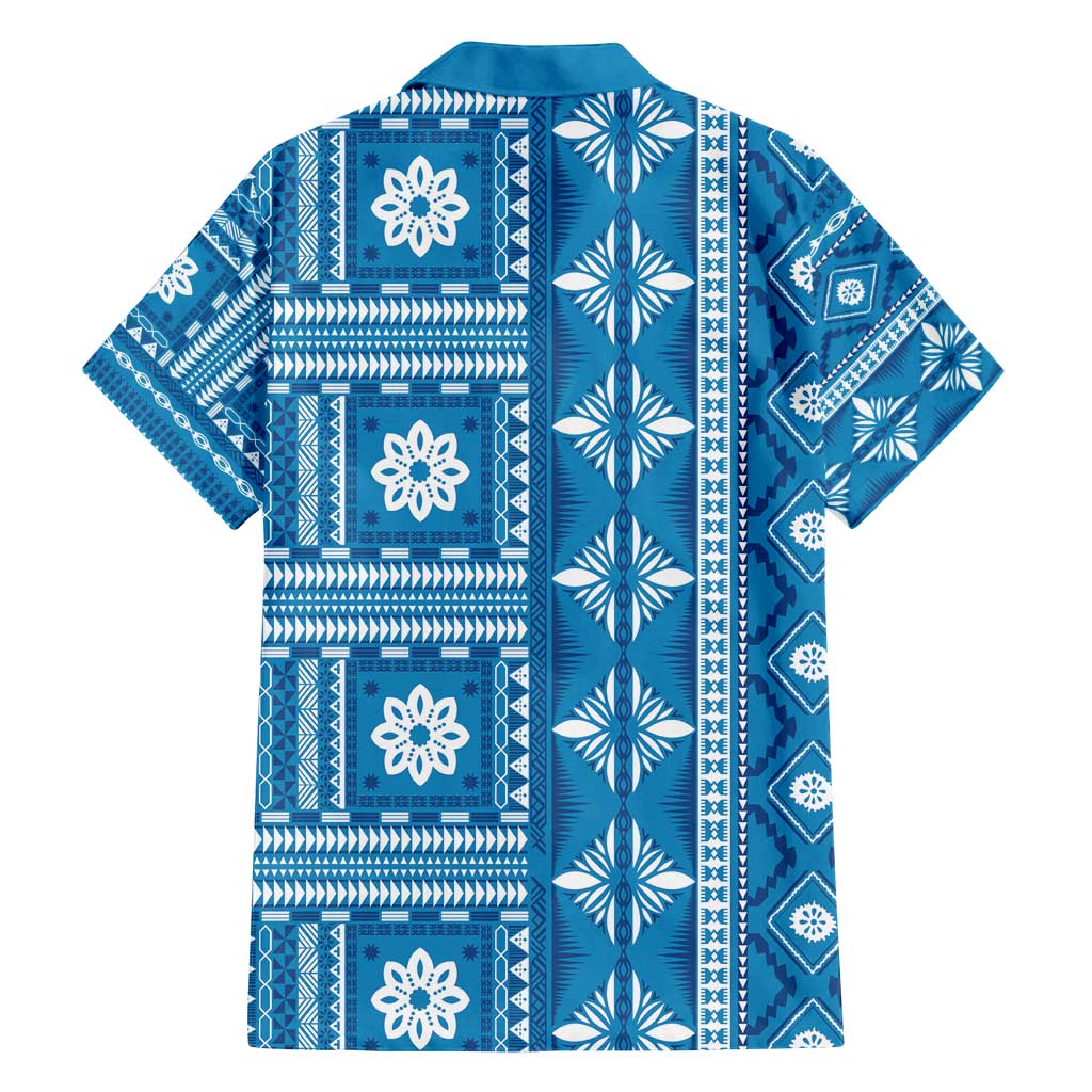 Fiji Masi All Blue Family Matching Long Sleeve Bodycon Dress and Hawaiian Shirt Tapa Pattern - Polynesian Pride