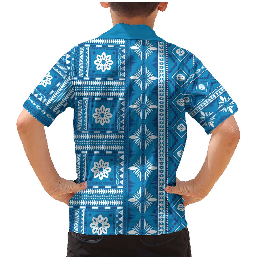 Fiji Masi All Blue Family Matching Mermaid Dress and Hawaiian Shirt Tapa Pattern - Polynesian Pride