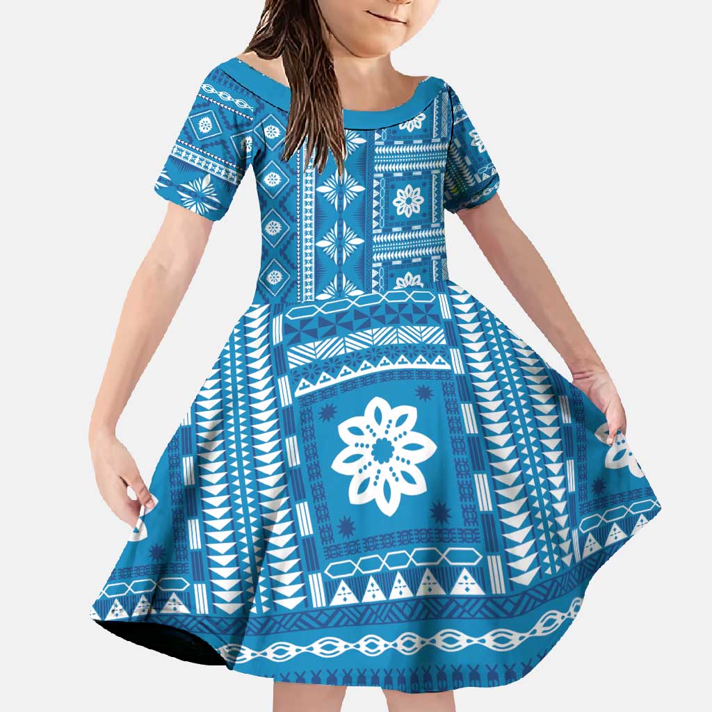 Fiji Masi All Blue Family Matching Mermaid Dress and Hawaiian Shirt Tapa Pattern - Polynesian Pride