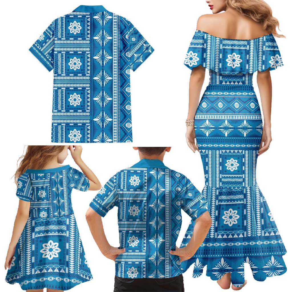 Fiji Masi All Blue Family Matching Mermaid Dress and Hawaiian Shirt Tapa Pattern - Polynesian Pride