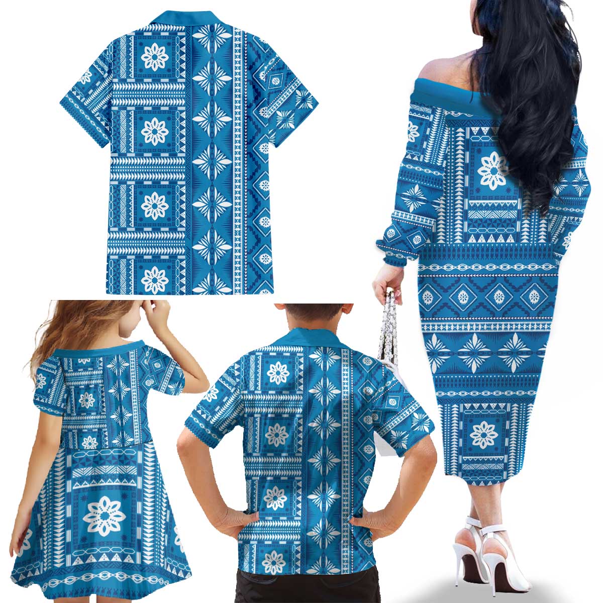 Fiji Masi All Blue Family Matching Off The Shoulder Long Sleeve Dress and Hawaiian Shirt Tapa Pattern - Polynesian Pride