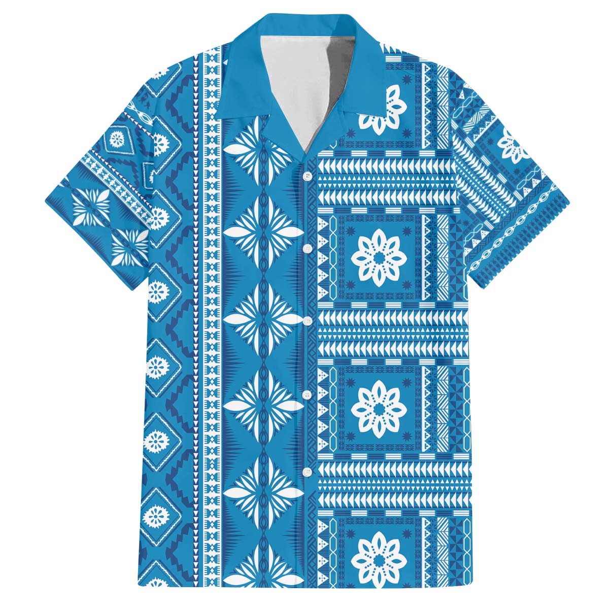 Fiji Masi All Blue Family Matching Off The Shoulder Long Sleeve Dress and Hawaiian Shirt Tapa Pattern - Polynesian Pride