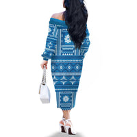 Fiji Masi All Blue Family Matching Off The Shoulder Long Sleeve Dress and Hawaiian Shirt Tapa Pattern - Polynesian Pride