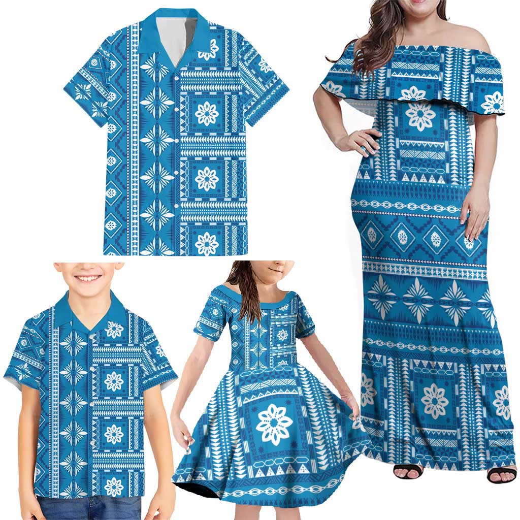 Fiji Masi All Blue Family Matching Off Shoulder Maxi Dress and Hawaiian Shirt Tapa Pattern - Polynesian Pride