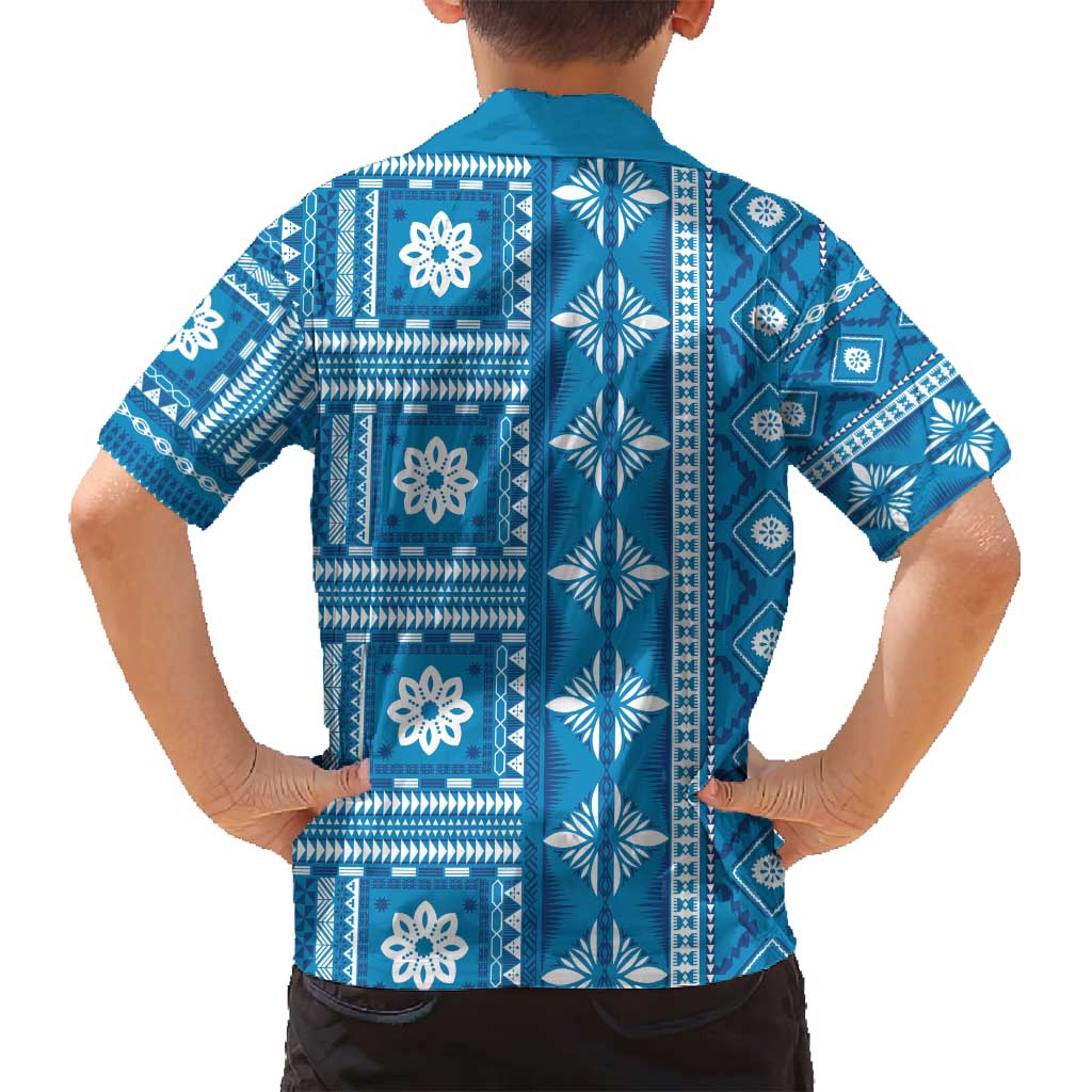 Fiji Masi All Blue Family Matching Off Shoulder Short Dress and Hawaiian Shirt Tapa Pattern - Polynesian Pride