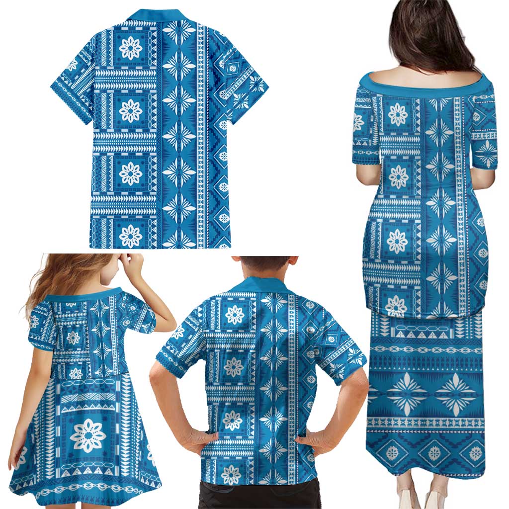 Fiji Masi All Blue Family Matching Puletasi and Hawaiian Shirt Tapa Pattern - Polynesian Pride