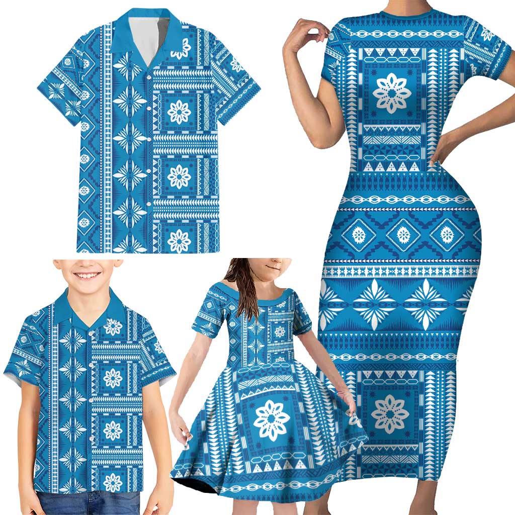 Fiji Masi All Blue Family Matching Short Sleeve Bodycon Dress and Hawaiian Shirt Tapa Pattern - Polynesian Pride