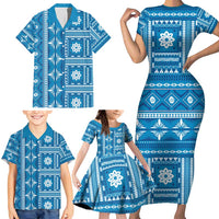 Fiji Masi All Blue Family Matching Short Sleeve Bodycon Dress and Hawaiian Shirt Tapa Pattern - Polynesian Pride