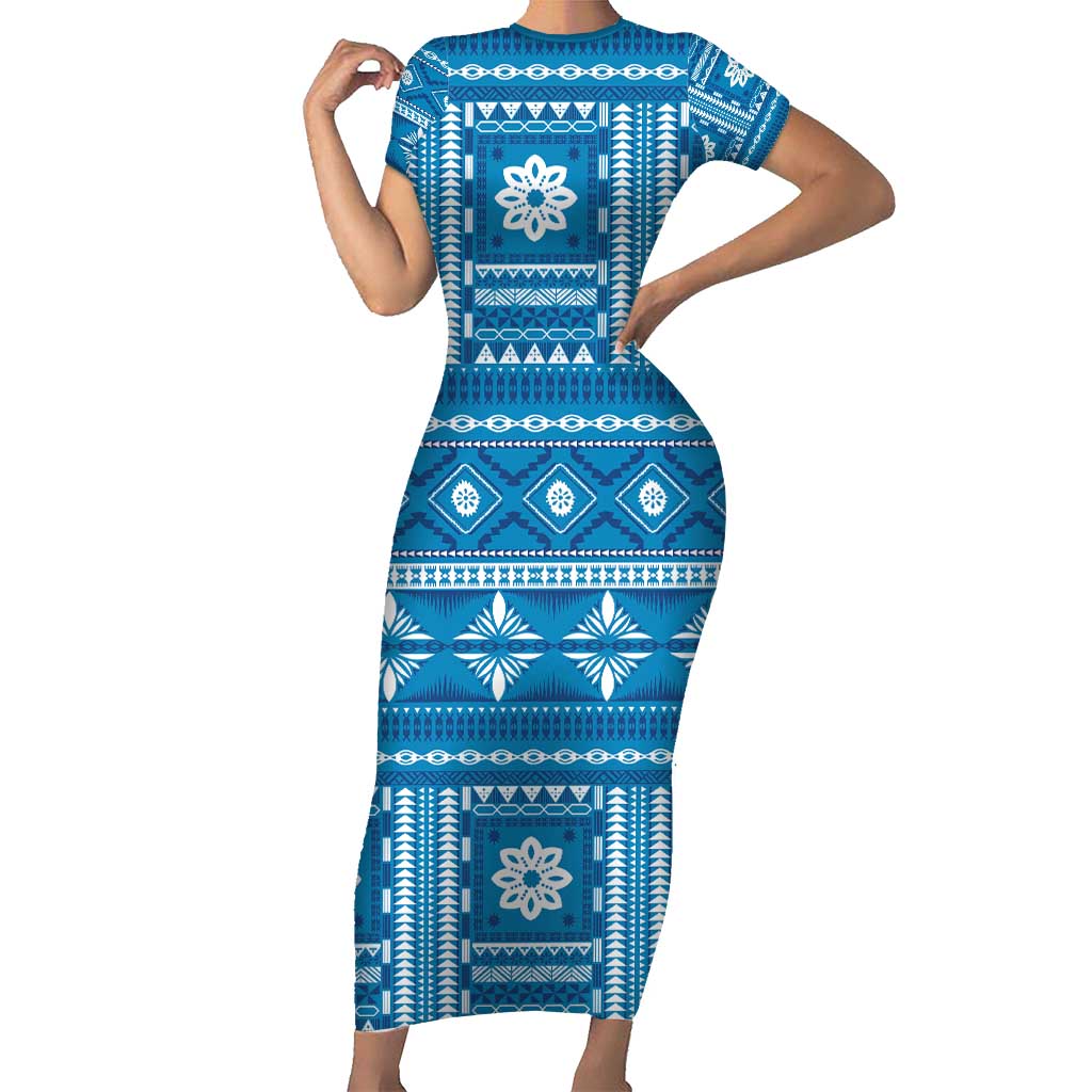 Fiji Masi All Blue Family Matching Short Sleeve Bodycon Dress and Hawaiian Shirt Tapa Pattern - Polynesian Pride