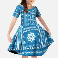 Fiji Masi All Blue Kid Short Sleeve Dress Tapa Pattern - Polynesian Pride