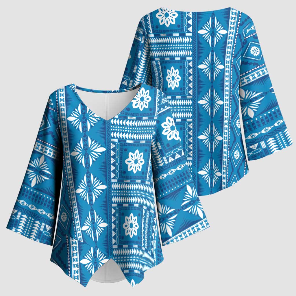 Fiji Masi All Blue Kimono Sleeve Blouse Tapa Pattern - Polynesian Pride
