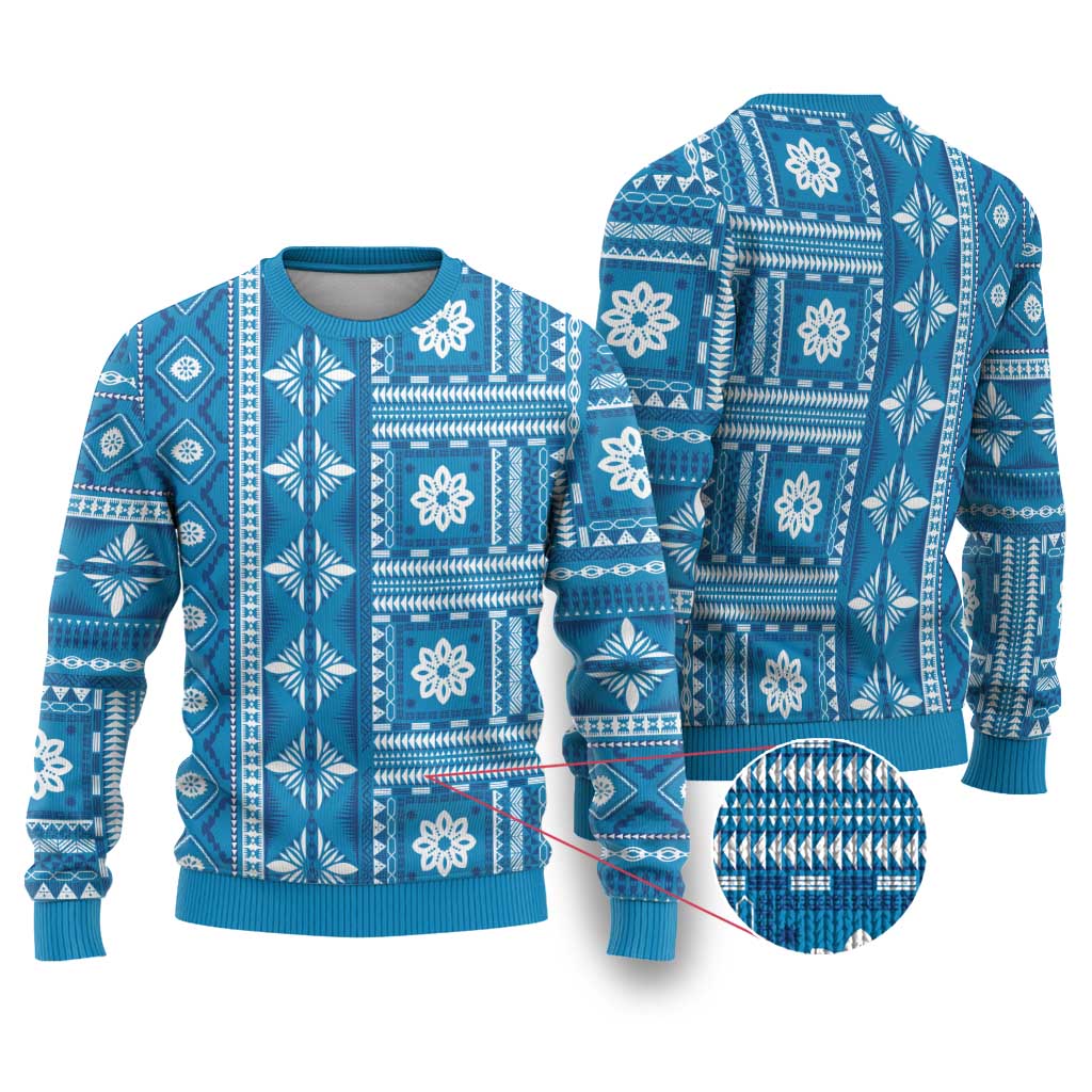 Fiji Masi All Blue Ugly Christmas Sweater Tapa Pattern - Polynesian Pride