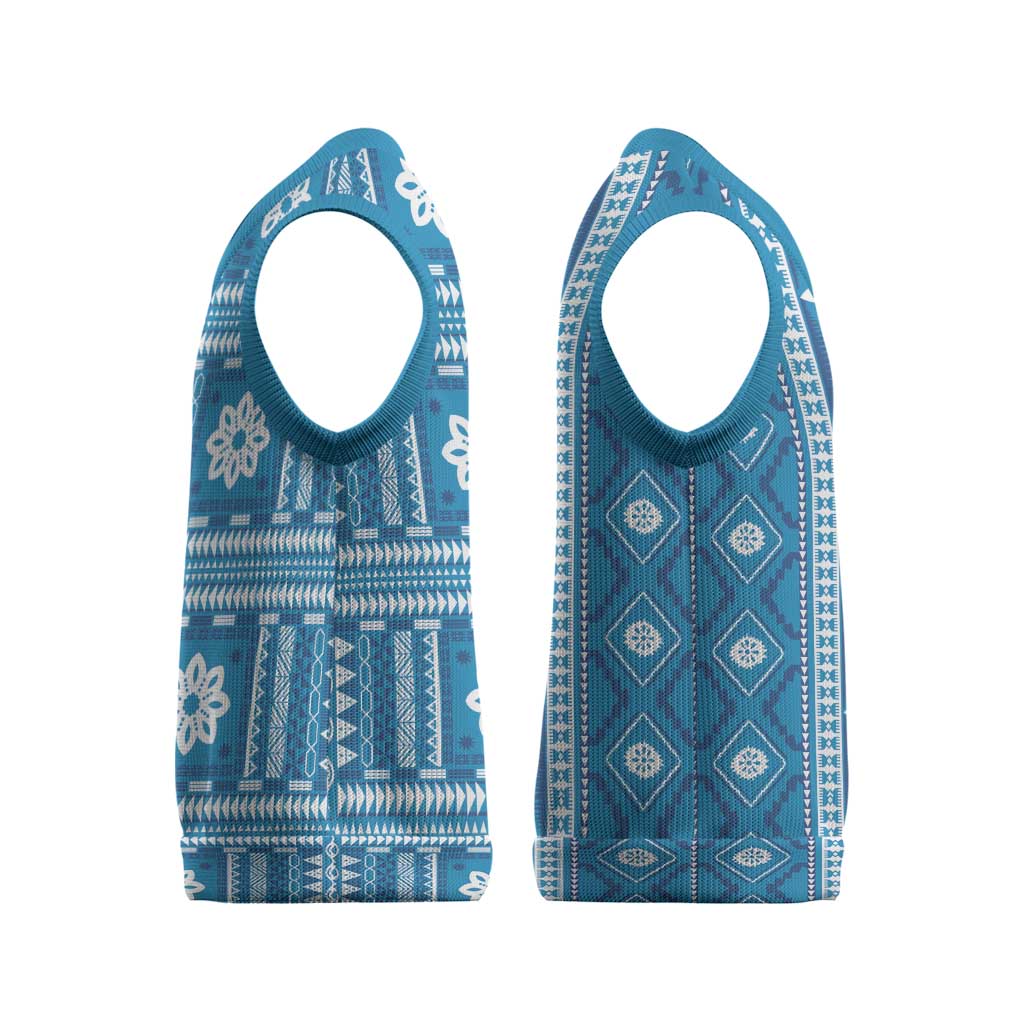 Fiji Masi All Blue Christmas Knitted V-Neck Vest Tapa Pattern - Polynesian Pride