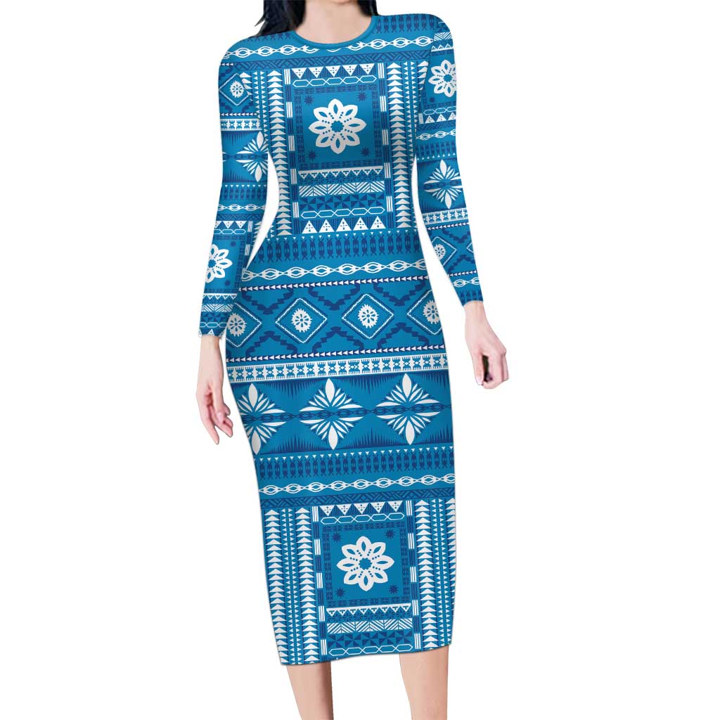 Fiji Masi All Blue Long Sleeve Bodycon Dress Tapa Pattern - Polynesian Pride