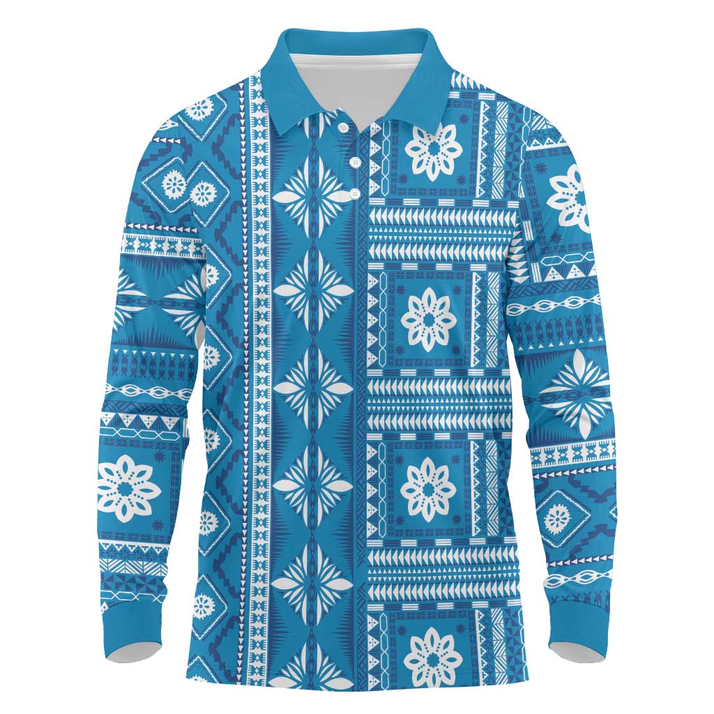 Fiji Masi All Blue Long Sleeve Polo Shirt Tapa Pattern - Polynesian Pride