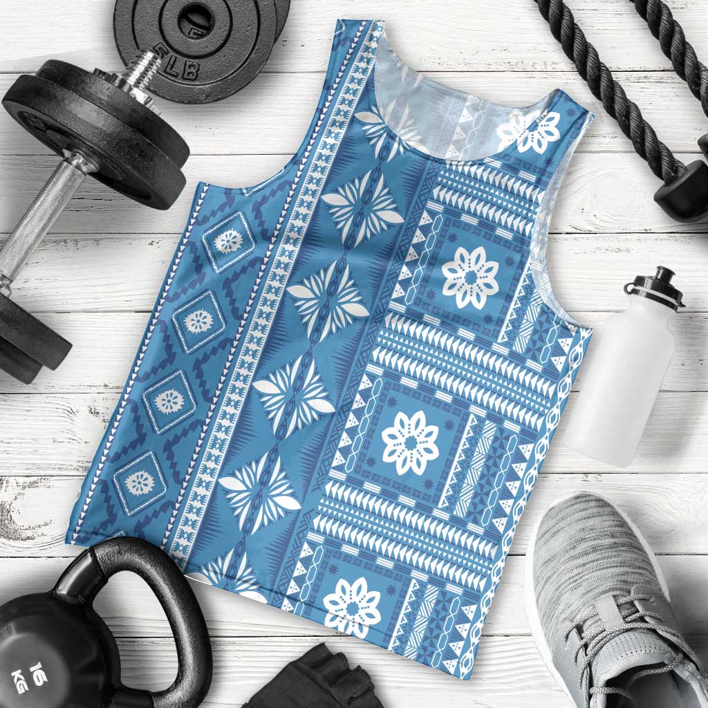 Fiji Masi All Blue Men Tank Top Tapa Pattern - Polynesian Pride