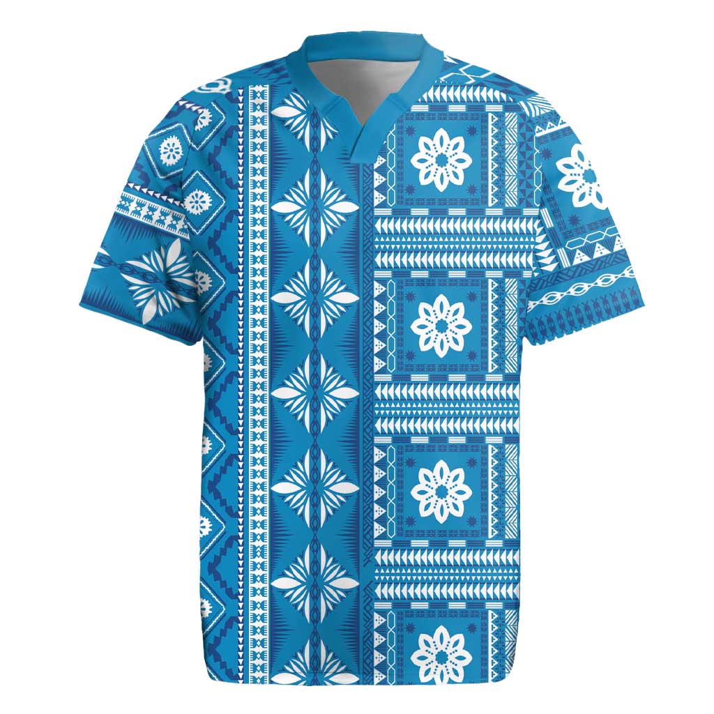 Fiji Masi All Blue Rugby Jersey Tapa Pattern - Polynesian Pride