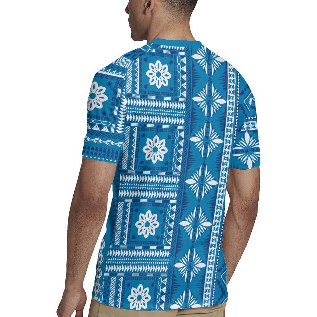 Fiji Masi All Blue Rugby Jersey Tapa Pattern - Polynesian Pride
