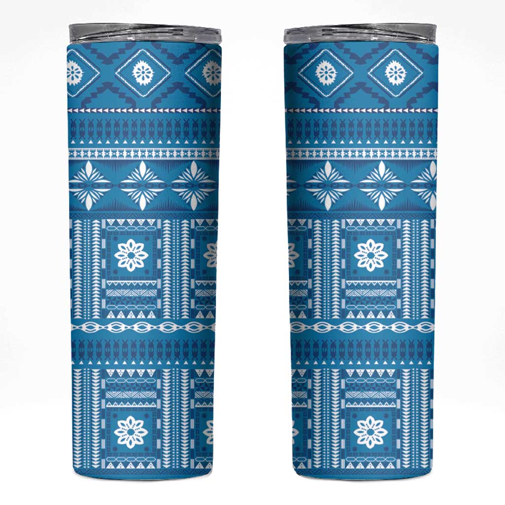 Fiji Masi All Blue Skinny Tumbler Tapa Pattern - Polynesian Pride