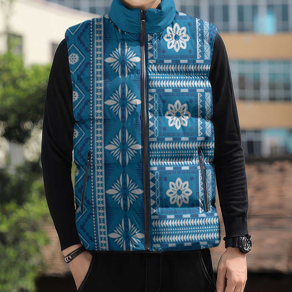 Fiji Masi All Blue Sleeveless Puffer Jacket Tapa Pattern - Polynesian Pride