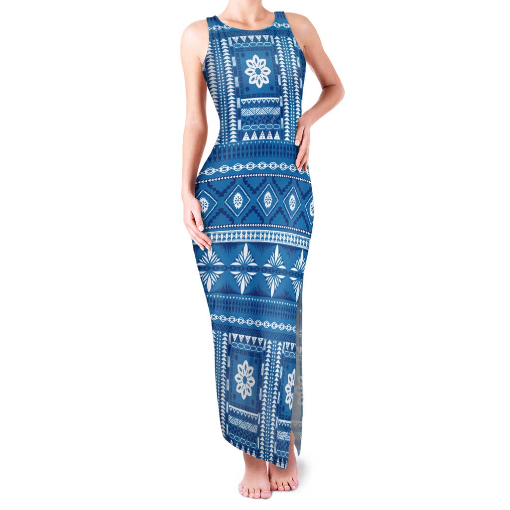 Fiji Masi All Blue Tank Maxi Dress Tapa Pattern - Polynesian Pride