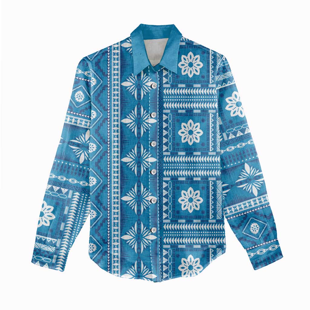Fiji Masi All Blue Women Casual Shirt Tapa Pattern - Polynesian Pride