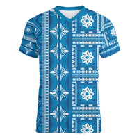 Fiji Masi All Blue Women V-Neck T-Shirt Tapa Pattern - Polynesian Pride