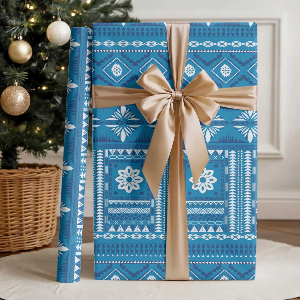 Fiji Masi All Blue Wrapping Paper Tapa Pattern - Polynesian Pride