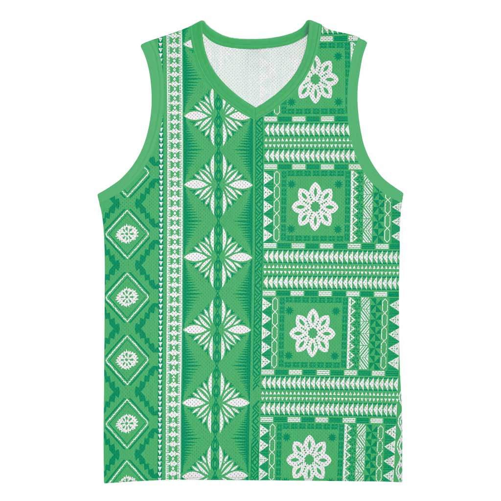 Fiji Masi All Green Basketball Jersey Tapa Pattern - Polynesian Pride