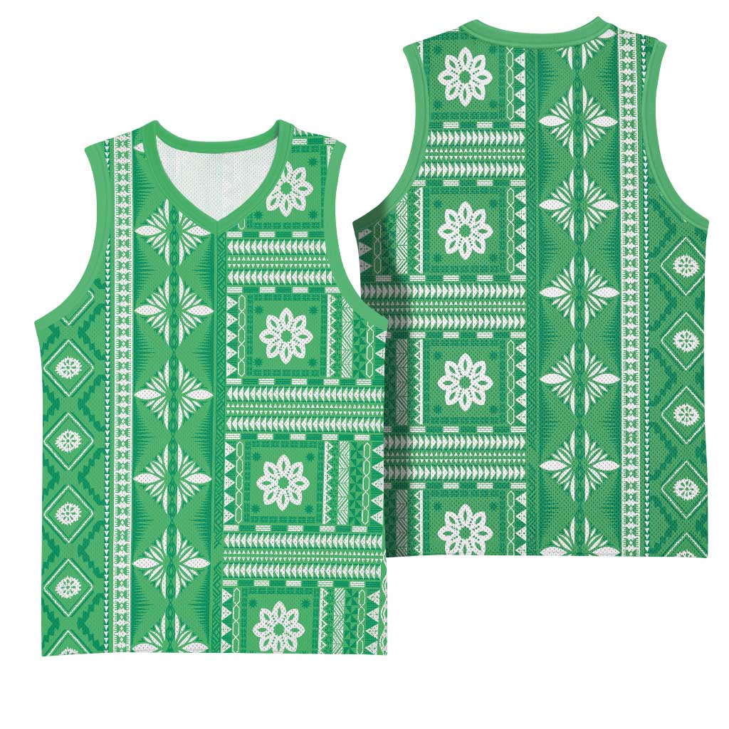 Fiji Masi All Green Basketball Jersey Tapa Pattern - Polynesian Pride