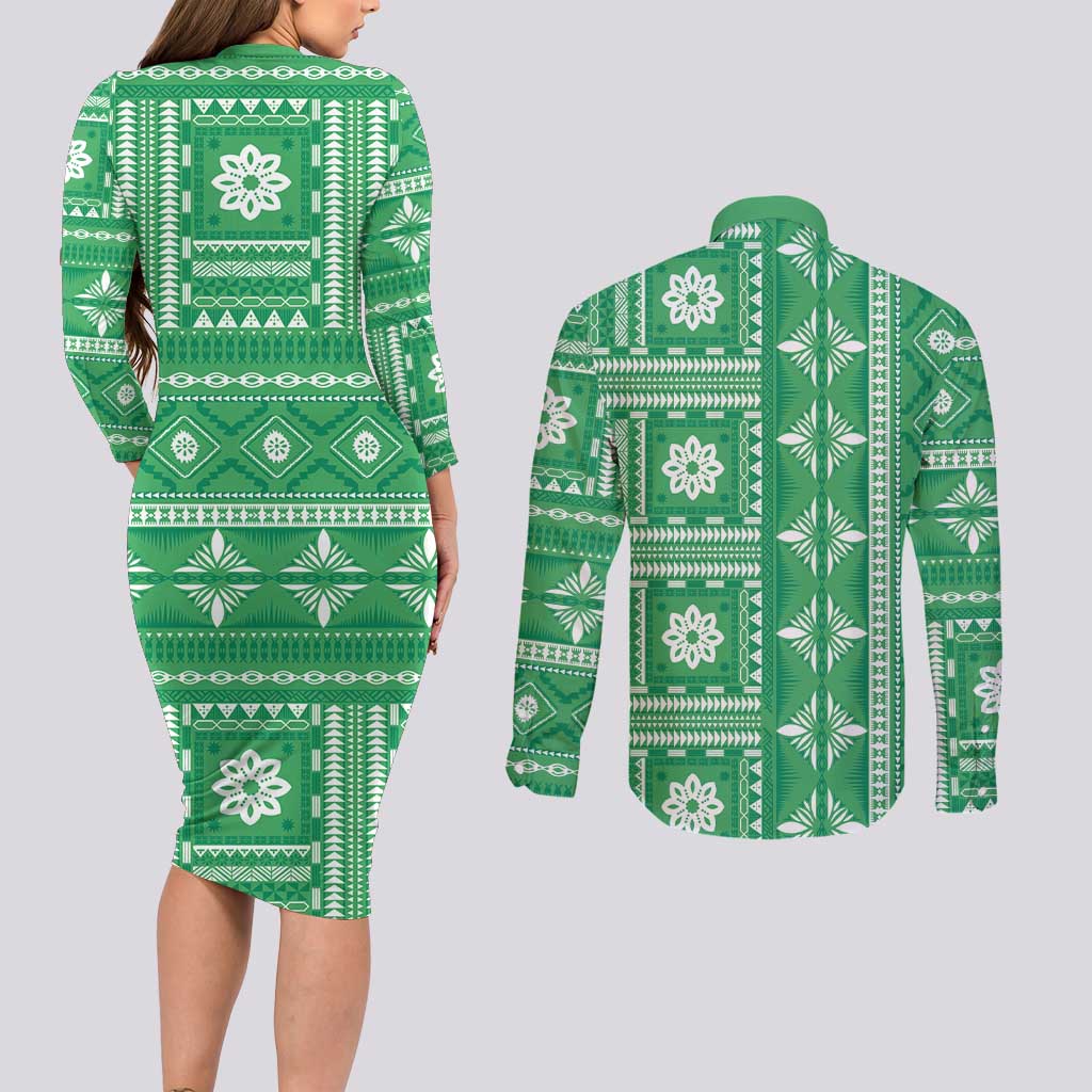 Fiji Masi All Green Couples Matching Long Sleeve Bodycon Dress and Long Sleeve Button Shirt Tapa Pattern - Polynesian Pride