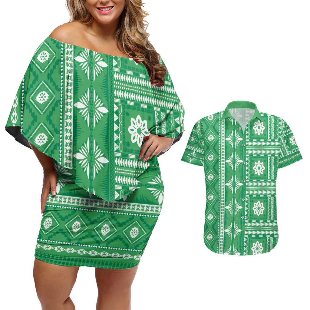 Fiji Masi All Green Couples Matching Off Shoulder Short Dress and Hawaiian Shirt Tapa Pattern - Polynesian Pride