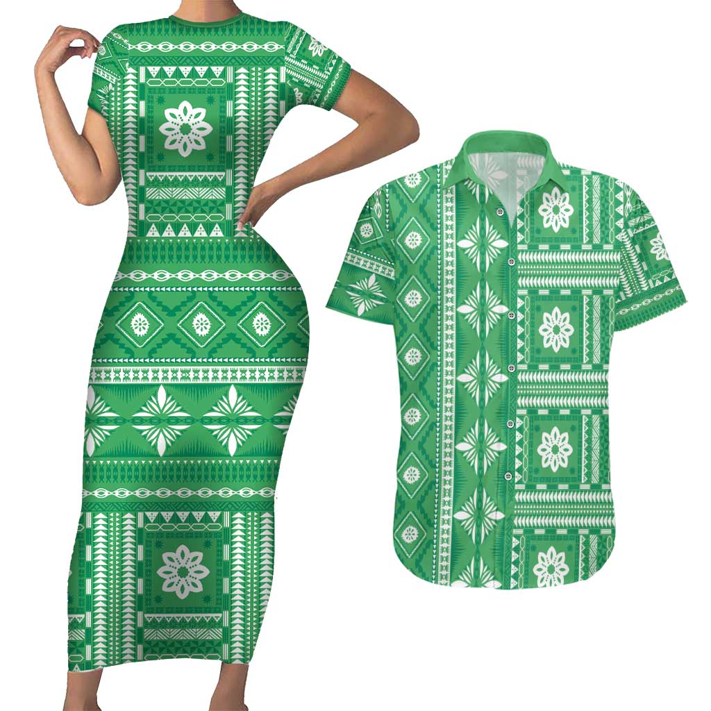 Fiji Masi All Green Couples Matching Short Sleeve Bodycon Dress and Hawaiian Shirt Tapa Pattern - Polynesian Pride