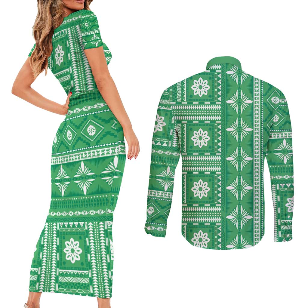 Fiji Masi All Green Couples Matching Short Sleeve Bodycon Dress and Long Sleeve Button Shirt Tapa Pattern - Polynesian Pride