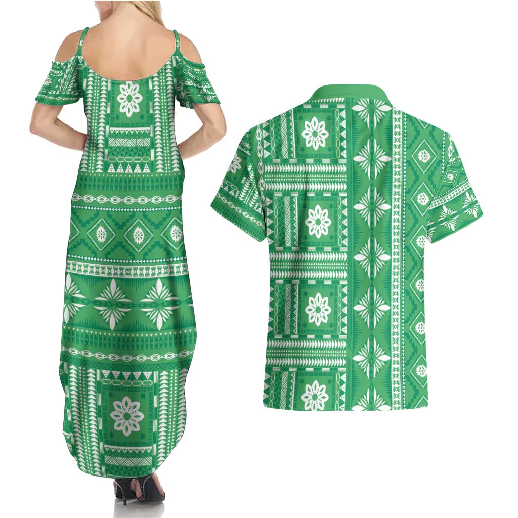 Fiji Masi All Green Couples Matching Summer Maxi Dress and Hawaiian Shirt Tapa Pattern - Polynesian Pride