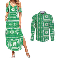 Fiji Masi All Green Couples Matching Summer Maxi Dress and Long Sleeve Button Shirt Tapa Pattern - Polynesian Pride