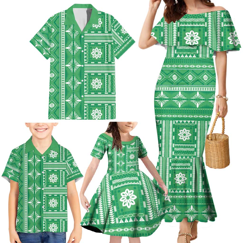 Fiji Masi All Green Family Matching Mermaid Dress and Hawaiian Shirt Tapa Pattern - Polynesian Pride